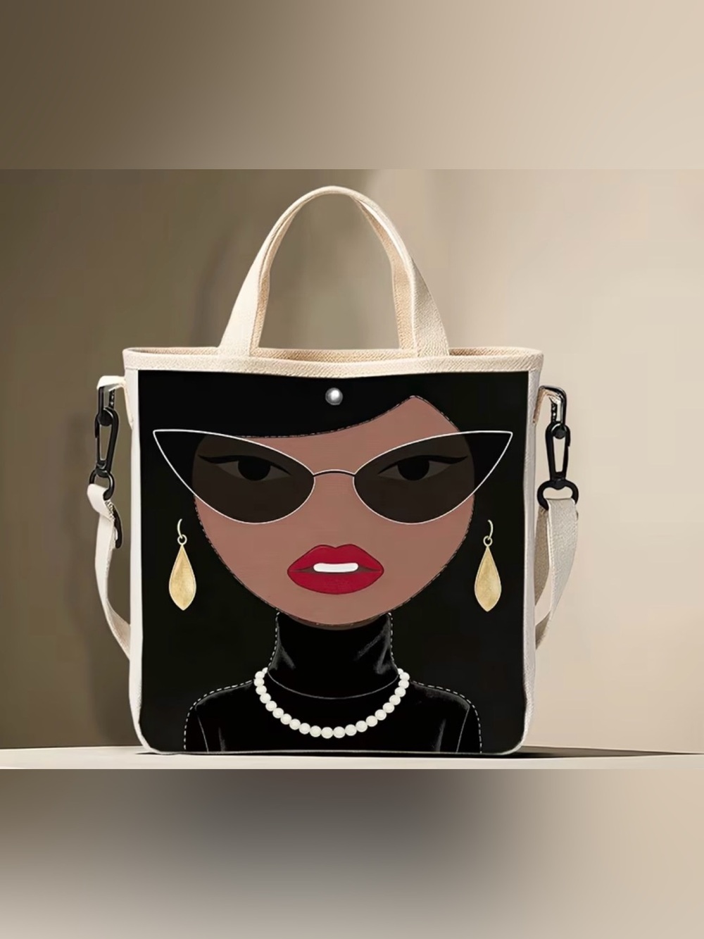 Canvas Tote with Chic Black Portrait and Red Lips
